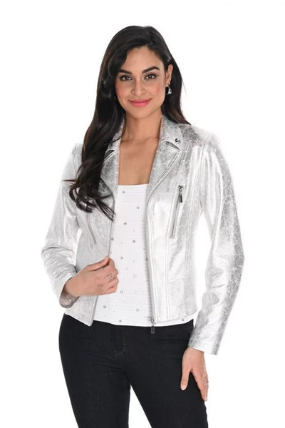 244672U Silver Foil Zipped Biker Jacket