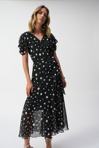 251907 Chiffon Dot Print Wrap Dress