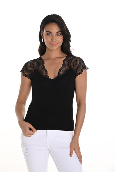 256725U Lace V Neck Cap Sleeve Top