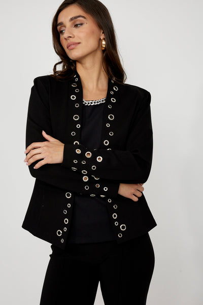 256776U Eyelet Embellished Rayon Ponti Blazer