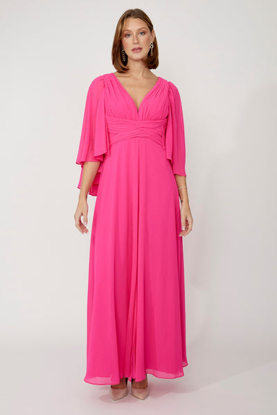 258716U  V Neck Chiffon Gown - Detachable Shawl