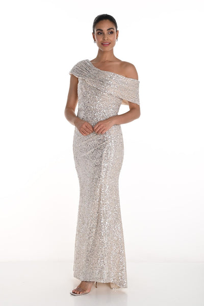 258739U Off-Shoulder Sequin Cocktail Gown