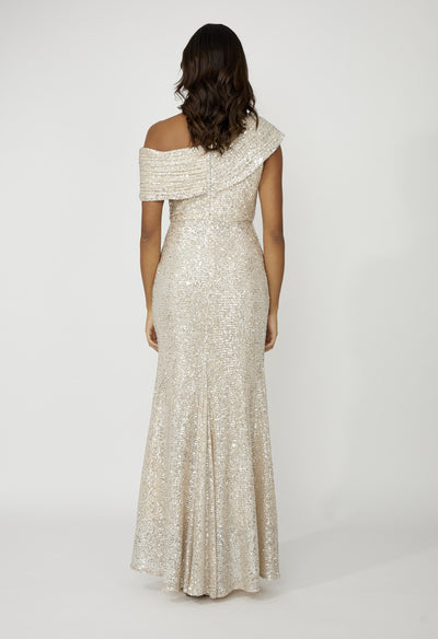 258739U Off-Shoulder Sequin Cocktail Gown