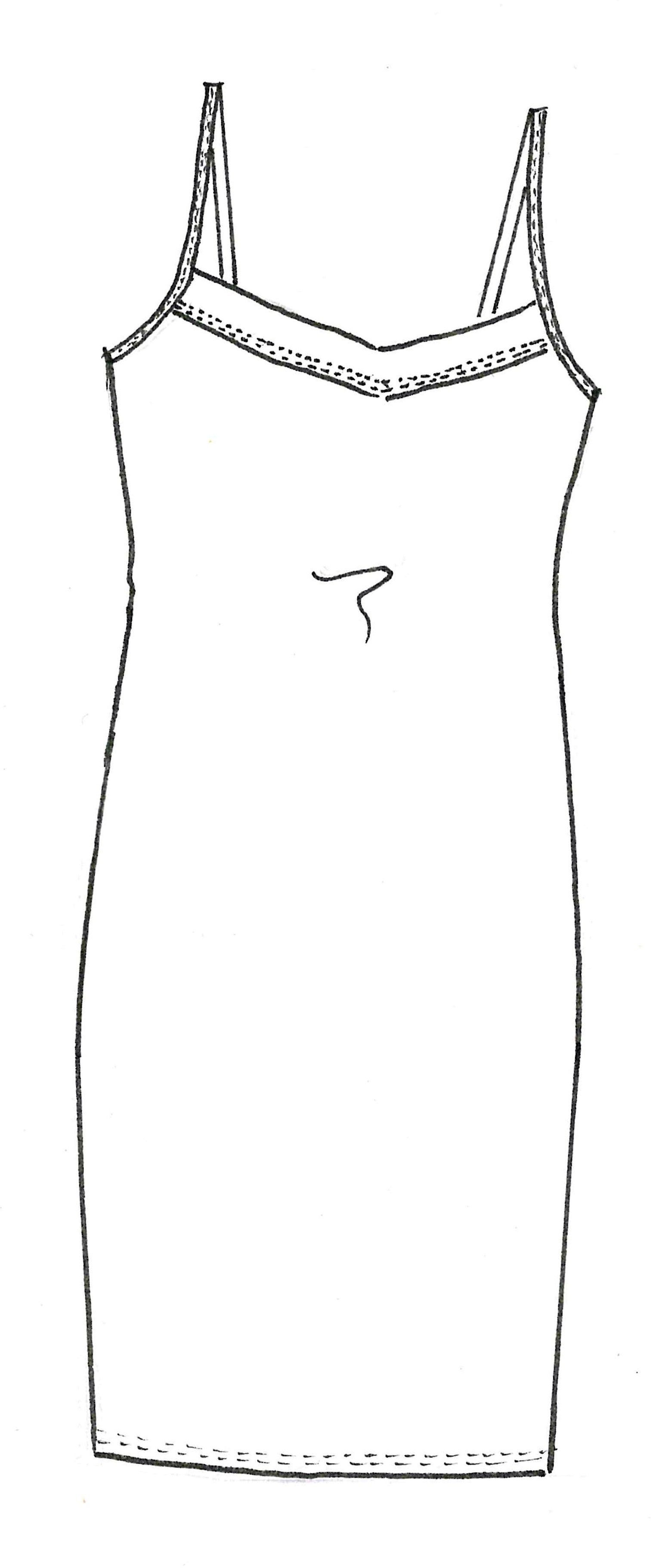 Camisole dress technical fashion illustration with scoop neck, straps, knee  length, oversized body, pencil fullness. flat | CanStock